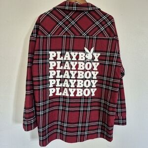 Playboy Red Plaid Flannel Button Up Shirt Flap Pockets Playboy Graphic Medium